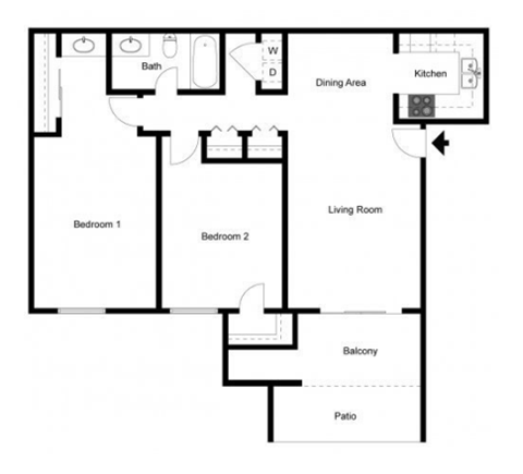 2 bed 1 bath floor plan at Metro 3610, Riverside, CA, 92505